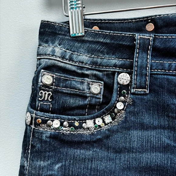 Miss Me Rhinestone Embellished Wing Jeans Slim Boot Cut in Dark Wash 28 - Picture 6 of 11